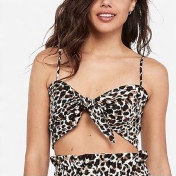 EXPRESS X ROCKY BARNES | Linen Blend Leopard Bow Front Crop Top Women’s Size S - Picture 1 of 11